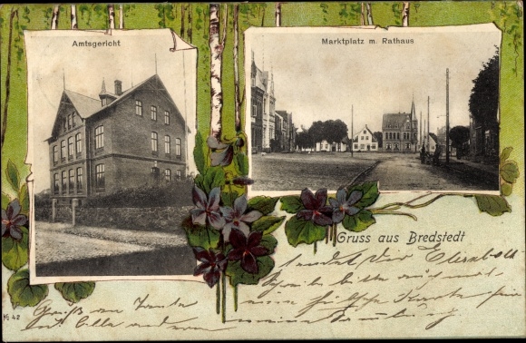 Postcard Bredstedt in North Frisia, market square, town hall, district court