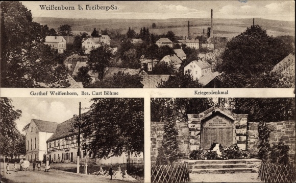 PC Weißenborn im Erzgebirge, war memorial, view of the town, inn