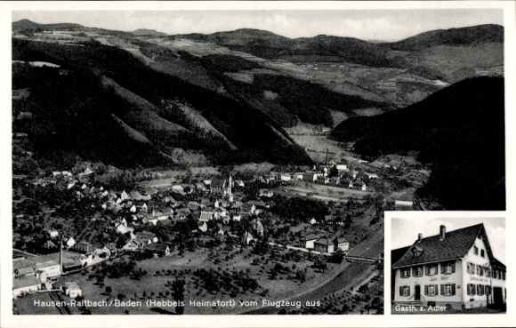 Postcard Dossenheim an der Bergstraße Baden, aerial view of Hausen-Raitbach, mountain landscape, guesthouse