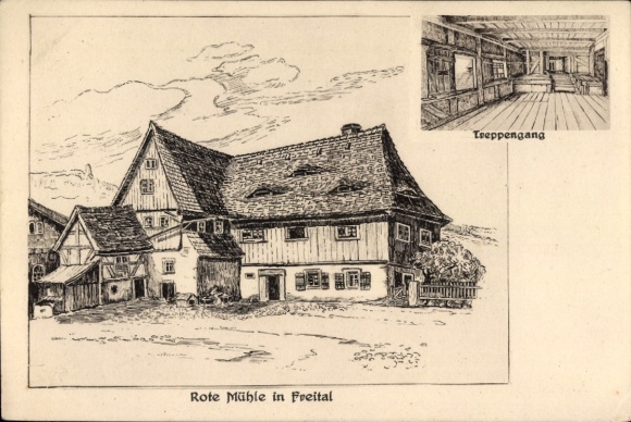 Artist Postcard Freital in Saxony, Red Mill, Staircase