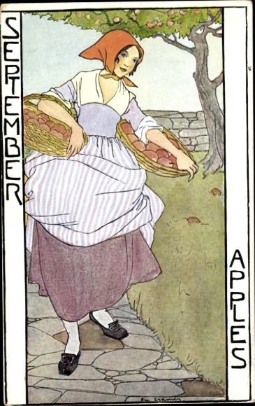 Artist Postcard Cramer, Rie, September, allegory, farmer's wife, apples
