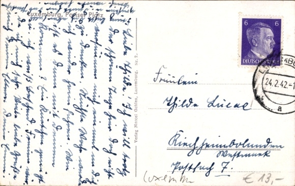 Postcard Luxembourg, Pariser Platz, tram
