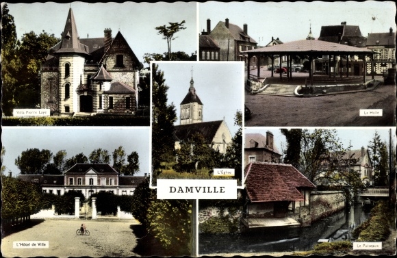 Postcard Damville Eure, The Church, Villa Pierre Laye, La Halle, Le Puiseaux