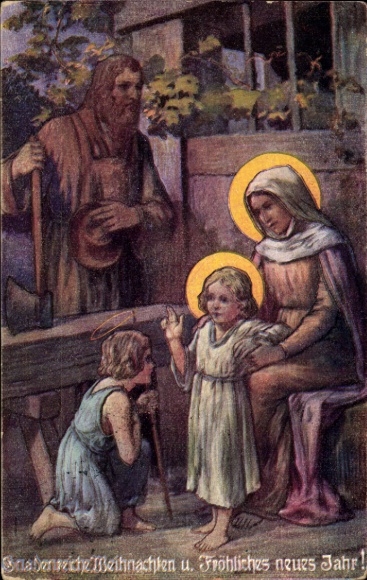 Postcard Congratulations Christmas and New Year, Mary, Joseph, Jesus