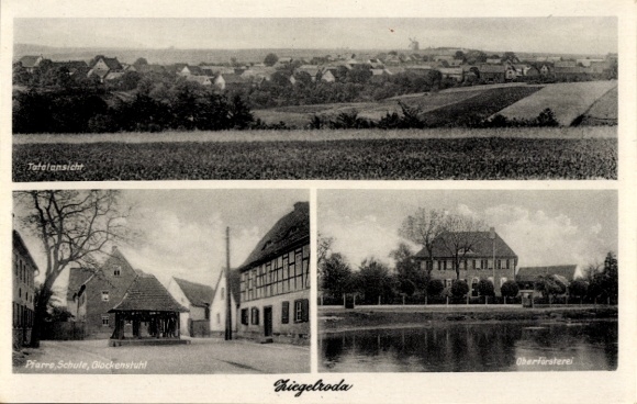 Ak Ziegelroda Querfurt im Saalekreis, Pfarre, Glockenstuhl, Schule, Oberförsterei