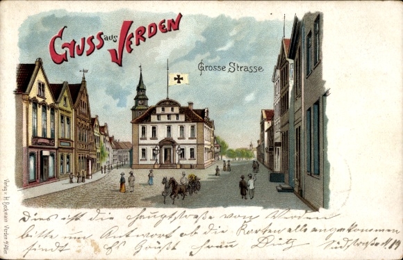Chromo-Litho Verden an der Aller, view of Grossestraße, church tower