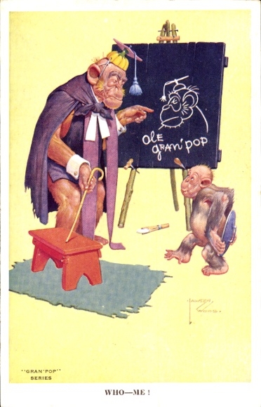 Artist Postcard Lawson Wood, humanized monkeys, grandfather, panel