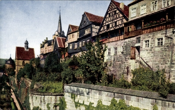 Ak Kronach in Oberfranken, Stadtgraben, historische Häuser, Kirchen, grüne Pflanzen