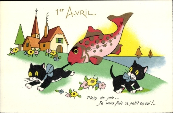 Künstler Ak 1. April, Fisch beißt einer schwarzen Katze in den Schwanz