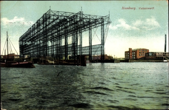Ak Hamburg, Ansicht der Vulkanwerft, Stahlgerüste, Wasserblick