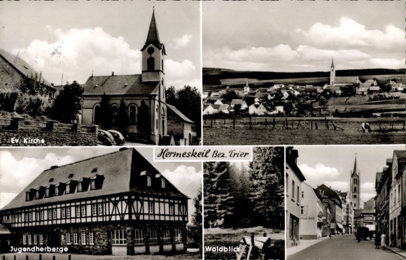 Postcard Hermeskeil in the Hunsrück, Protestant church, youth hostel, general view, forest view, church
