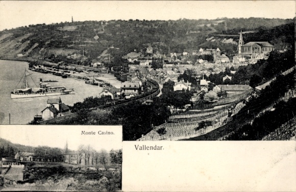 Vallendar nad Renem, panoramiczny widok na Monte Casino, statki na brzegu