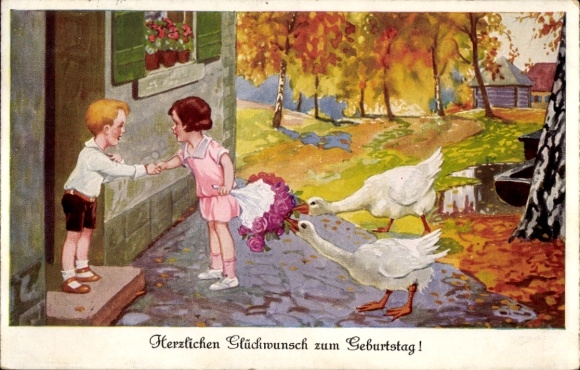 Postcard congratulations birthday, boy, girl with bouquet of flowers, geese