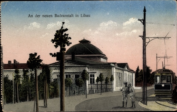 Postcard Liepaja Libau Latvia, At the new bathing facility, tram