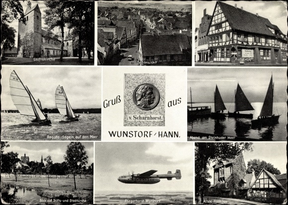 Postcard Wunstorf in Lower Saxony, sailing party, collegiate church, Ratskeller, town hall, air base