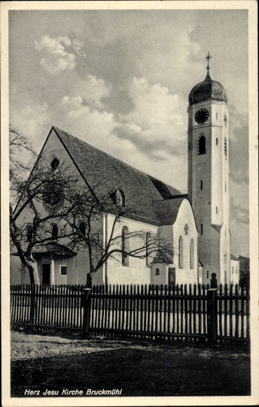 Postcard Bruckmühl in Upper Bavaria, Heart of Jesus Church