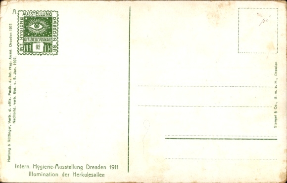 Ansichtkaart Dresden, Internationale Hygiënetentoonstelling 1911, verlichting van de Herkulesallee