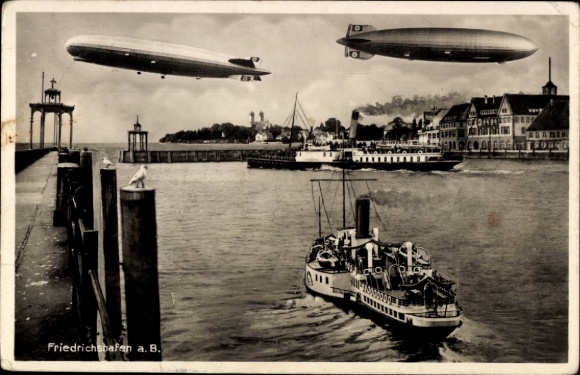 Ansichtkaart Friedrichshafen aan het Bodenmeer, Zeppelin, luchtschip, haven