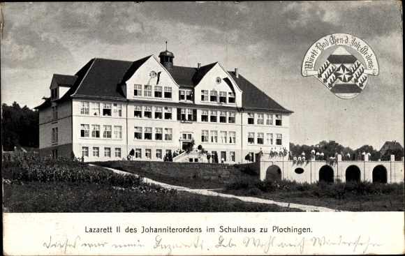 Postcard Plochingen in Baden Württemberg, hospital II of the Order of St. John in the school building, coat of arms