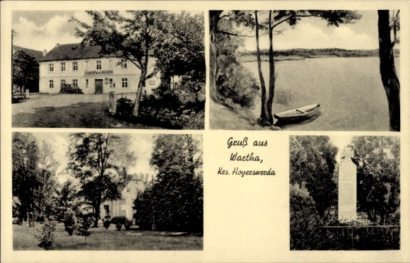 Ak Wartha Königswartha in Oberlausitz, gedeeltelijk uitzicht, oever van het meer, monument