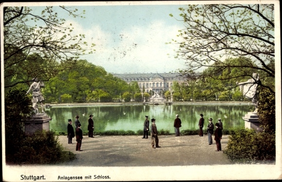 Postcard Stuttgart am Neckar, Anlagensee with castle