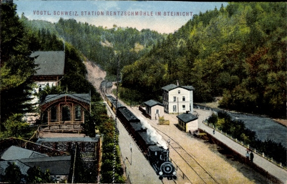 Postcard Steinicht Pöhl im Vogtland, Rentzschmühle station, railway