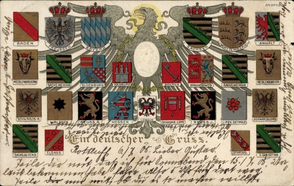 Embossed coat of arms Postcard A German greeting, Kaiser Wilhelm II., Anhalt, Saxony, Hamburg, Bavaria