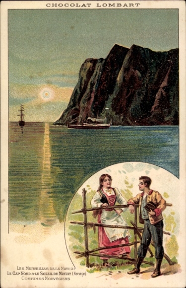 Litho Norwegen, Paar in Trachten, Mitternachtsonne, Reklame, Chocolat Lombart