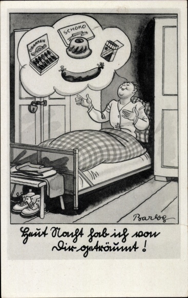 Kunstenaarskaart Barlog, Wehrmacht, soldatenhumor, soldatendromen van chocolade en sigaren