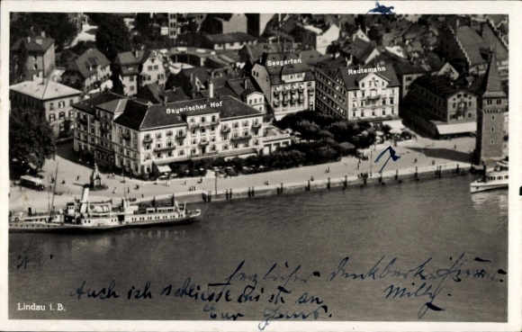 Ak Lindau Bodensee, Bayerischer Hof, Seegarten, Reutemann, Fliegeraufnahme
