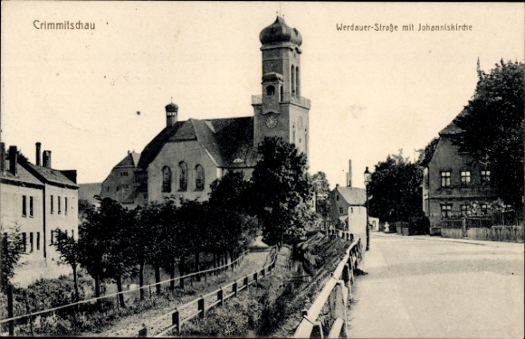 Ak Crimmitschau in Sachsen, Werdauer Straße mit Johanneskirche