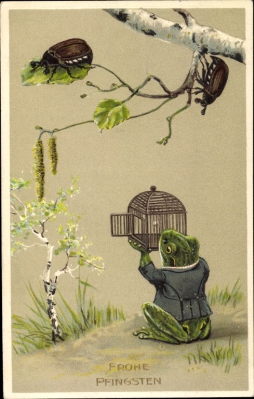 Embossed PC Happy Pentecost, frog, cage, cockchafer