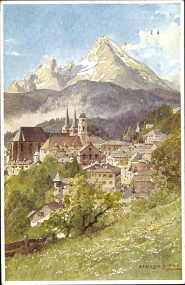 Kunstenaarskaart Compton, Edward Harrison, Berchtesgaden in Opper-Beieren, stad met uitzicht op het landschap