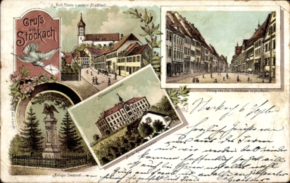 Litho Stockach im Hegau Baden, Kriegerdenkmal, Kirche