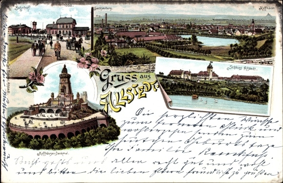 litho Allstedt in Saksen-Anhalt, treinstation, kasteel Allstedt, Kyffhäuser-monument