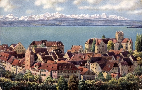 Artist Postcard Meersburg in the Bodenseekreis Baden Württemberg, upper town towards the south, castle, mountains