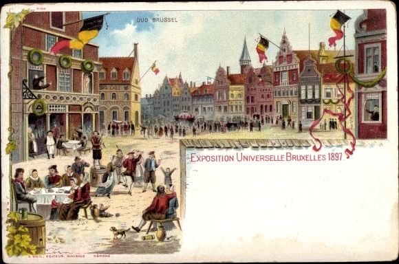 lito Brussels Belgium, Exposition Universelle 1897, Oud Brussel, rynek