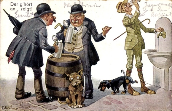 Kunstenaar Ak Schlemo, E., Wie erbij hoort geeft aan, Twee mannen met bierpullen, waterdrinkers, teckels