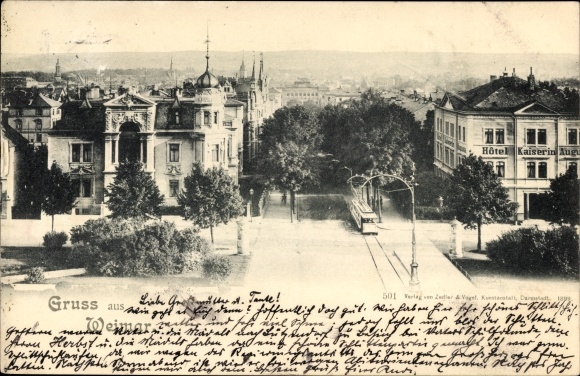 PC Weimar in Thuringia, view over the city, tram, Hotel Kaiserin Auguste