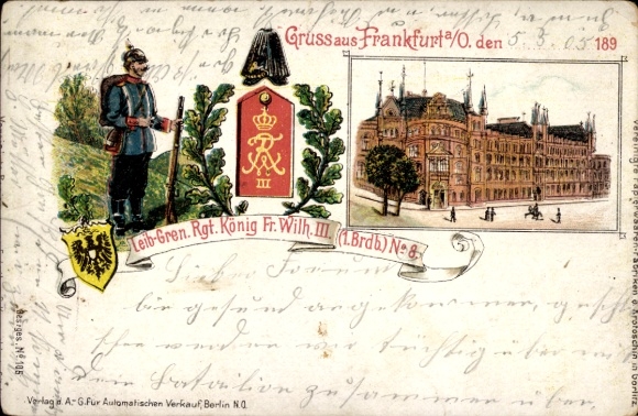 Lithograph Frankfurt ad Oder, Leib Gren. Regt. King Frederick William III, 1st Brandenburg. No. 8, Prussia