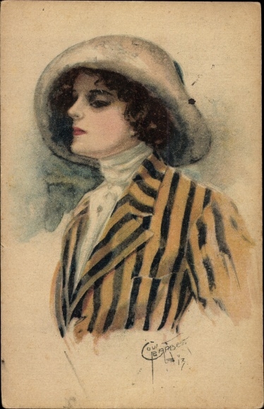 Artist PC Barber, Court, portret van een vrouw, dame in een gestreept jasje