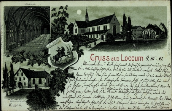 Mondschein Litho Rehburg Loccum in Niedersachsen, Georgskapelle, Kreuzgang