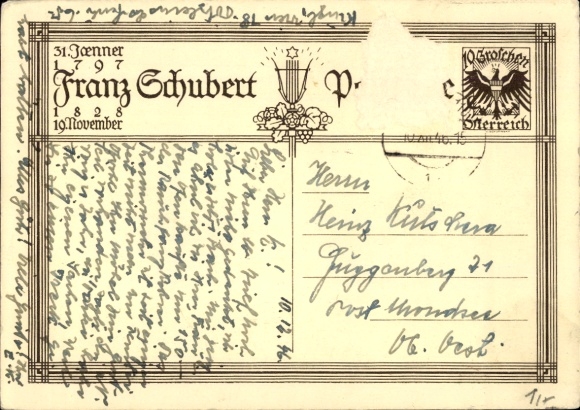 Postal stationery artist PC Austrian composer Franz Schubert, portrait