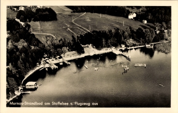 Postcard Murnau am Staffelsee, aerial photograph of the beach, Staffelsee, view from the airplane
