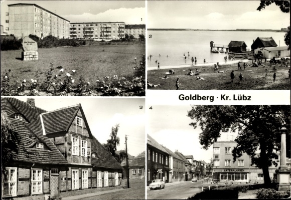 Postcard Goldberg in Mecklenburg, John Brinckmann Str., local history museum, lake, street of peace