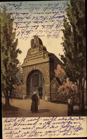 Postcard Pölzig in Thuringia, draft of the hero monument, architect P. Augustin, Leipzig