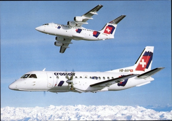 Postcard Swiss passenger aircraft, AVRO RJ 85 Jumbolino, SAAB 340 Cityliner, Crossair, HB-AKP