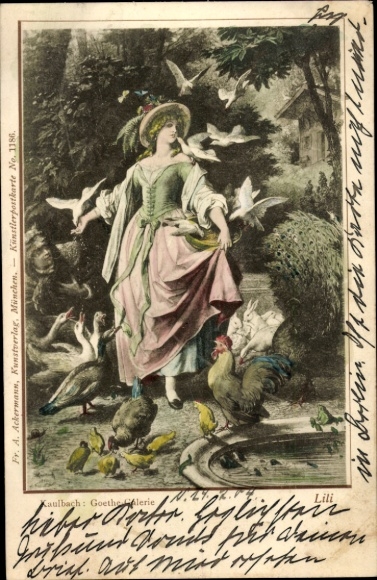 Artist Chromo-Litho Kaulbach, H., Lili, woman portrait, chickens, chicks, pigeons