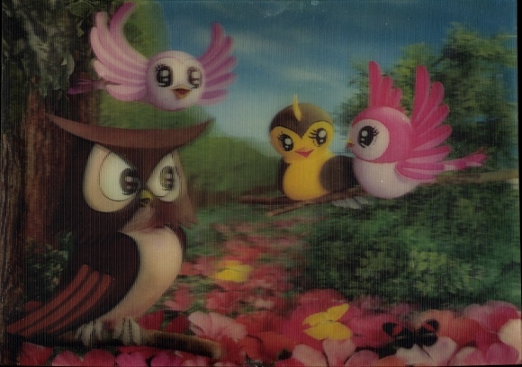 3-D Postcard Owl and three birds on a branch, butterflies, flowers