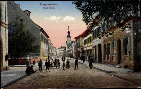 Postcard Germersheim am Rhein, Marktstrasse, church